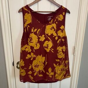 Lane Bryant Tank‎ Top Plus Size 14 16 Red Floral Sheer Overlay V Neck Sleeveless